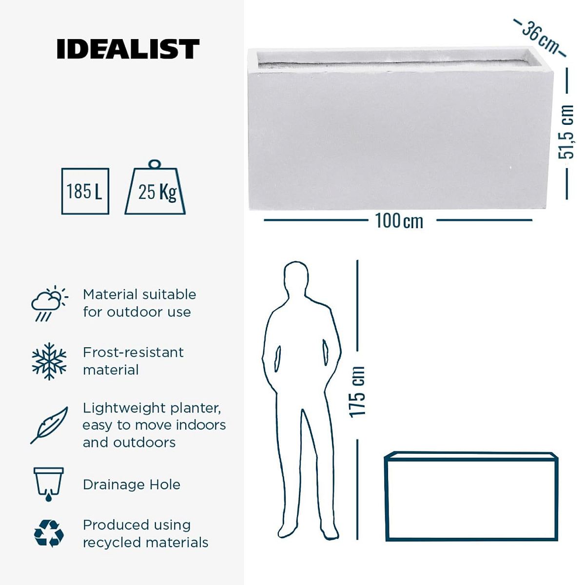 The IDEALIST Lite Contemporary Trough Garden Planter (H51.5 x L100 x W36 cm, 185L) is a lightweight, frost-resistant, recycled-material pot with drainage holes—outdoor-ready and a stylish choice for modern garden décor.