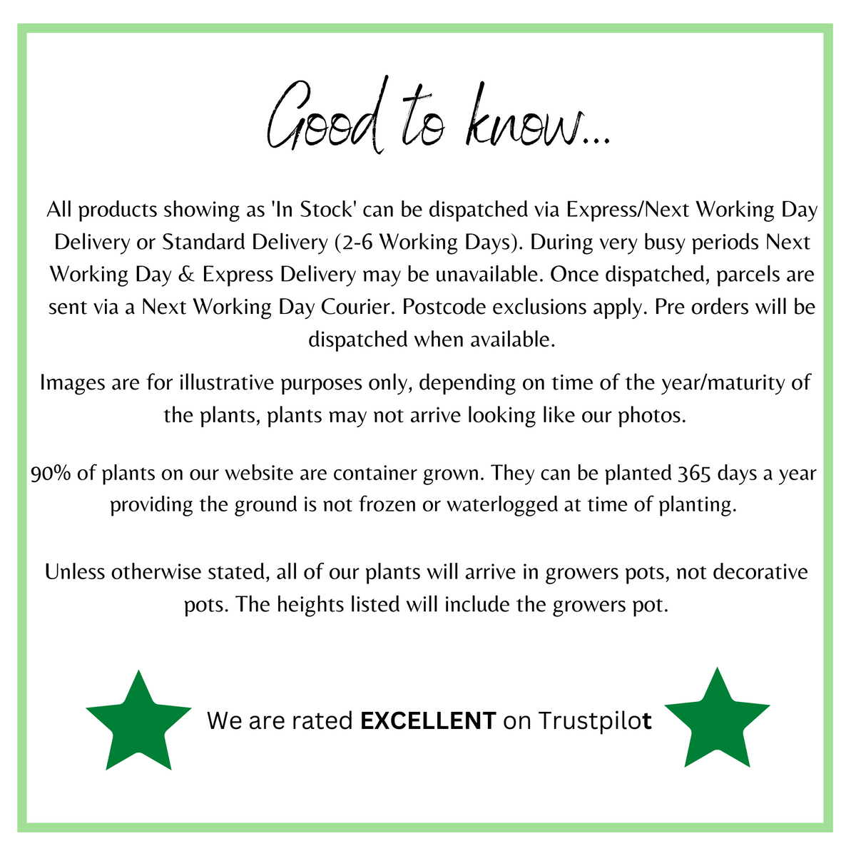 An info notice shows dispatch/delivery times for 3 x Trailing Fuchsias (3 x 9cm Pots), notes images are illustrative, states most flowering plants arrive in growers pots, and features a Trustpilot excellence rating with two green stars.