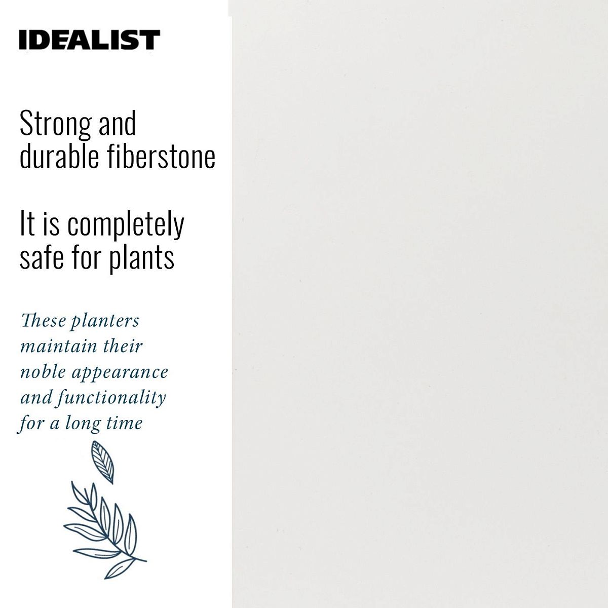 Advertisement for IDEALIST Lite Contemporary Trough Planter: Made from strong, frost-resistant fiberstone, this spacious 185L planter (H51.5 L100 W36 cm) is plant-safe and keeps its elegant look outdoors for years. Includes a small leaf illustration.