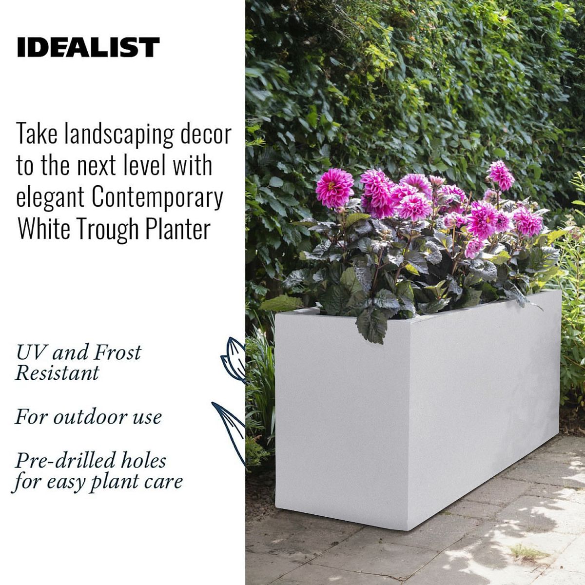 The IDEALIST Lite Contemporary Trough Garden Planter (H51.5 L100 W36 cm, 185L) in light concrete offers modern garden décor with frost resistance, outdoor suitability, and pre-drilled drainage holes—perfect for vibrant patio displays.