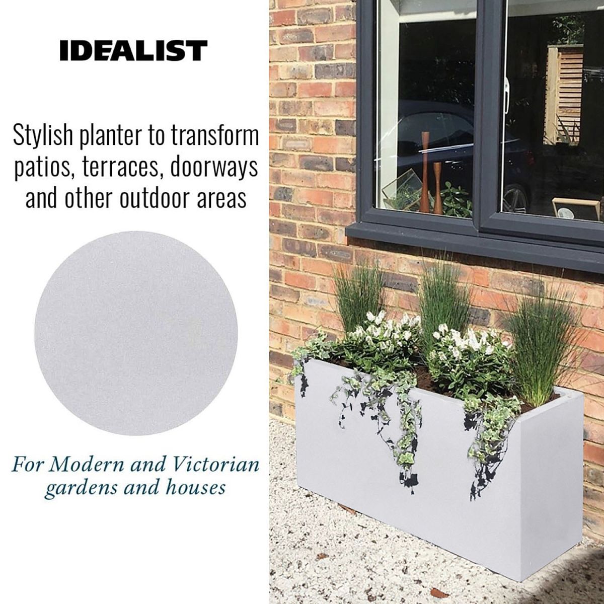 The IDEALIST Lite Contemporary Trough Planter (H51.5 L100 W36 cm, 185L) in light concrete, frost-resistant with drainage holes, is stylish garden decor for modern and Victorian spaces—ideal for green plants and white flowers on patios.