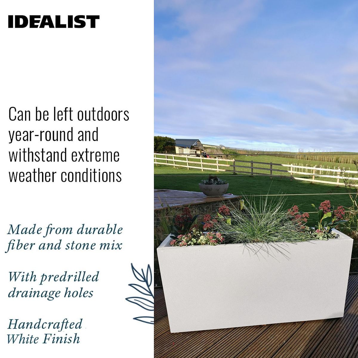 The IDEALIST Lite Contemporary Trough Planter (H51.5 L100 W36 cm, 185L) in light concrete displays grasses and succulents on the patio, offering durable, frost-resistant garden décor with weather resistance and built-in drainage holes.
