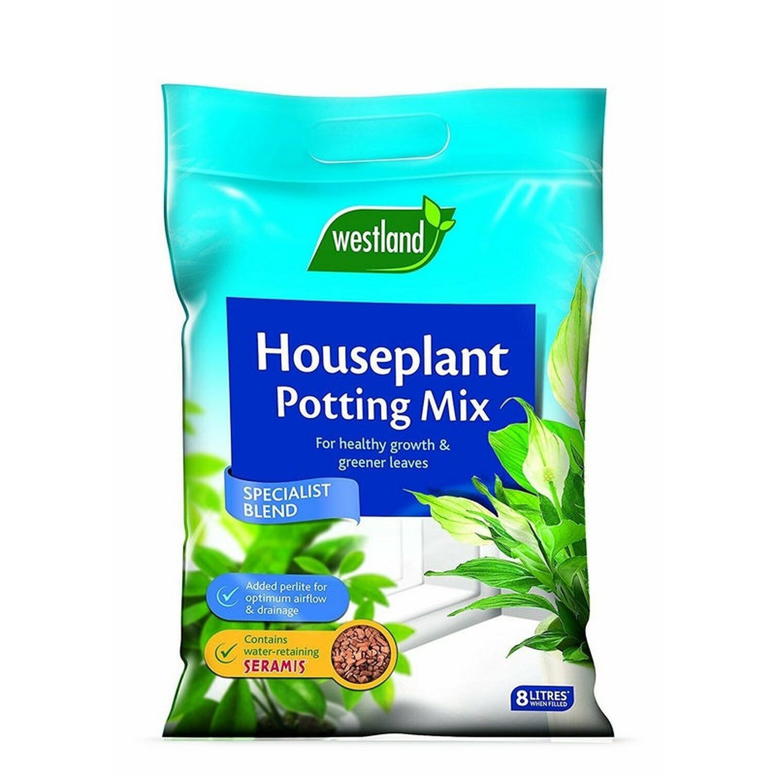 A 4L bag of Houseplant Potting Mix, designed for healthy growth and greener leaves, features green plant images and highlights its specialist blend with added perlite, free draining compost, and water-retaining Seramis.