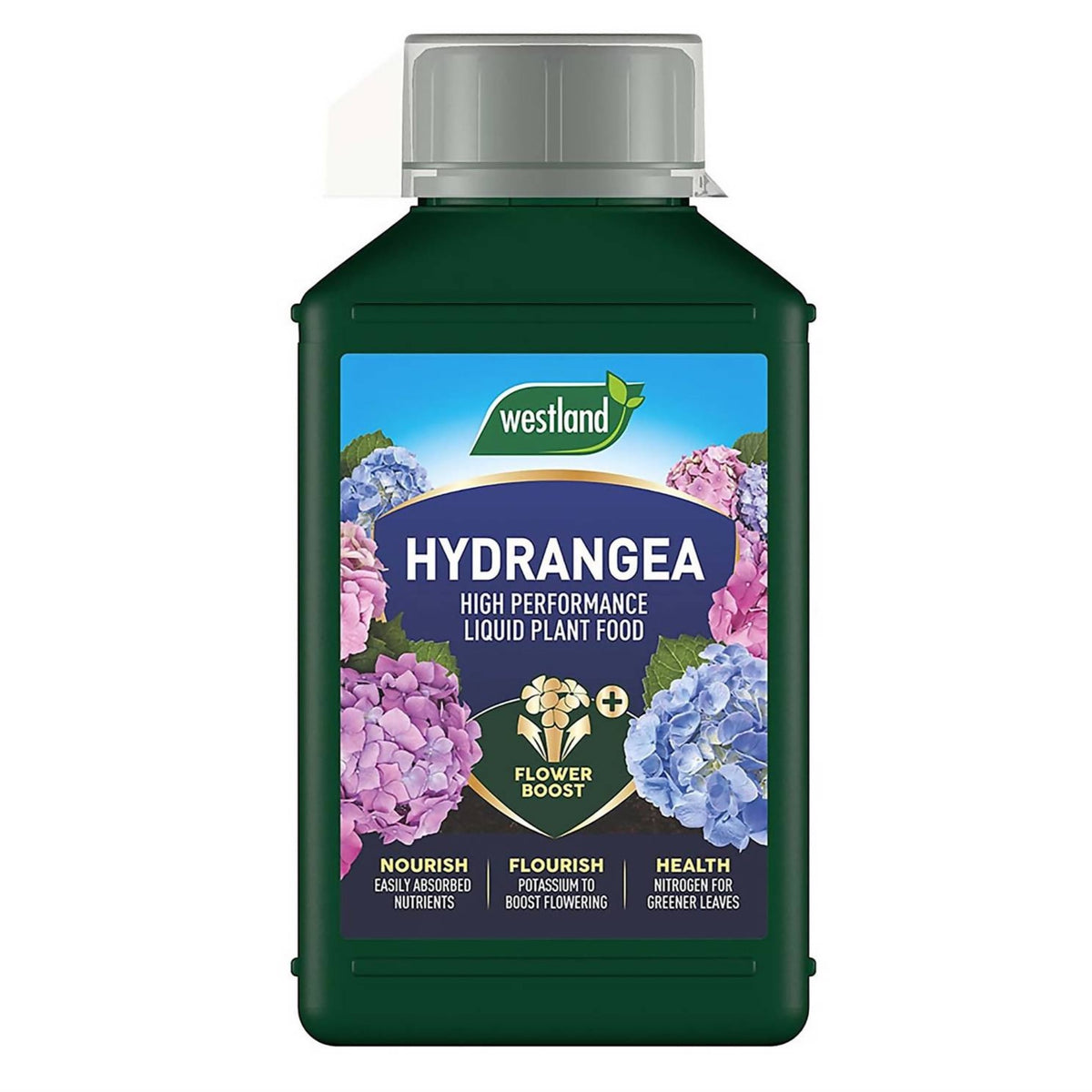 A green 1L bottle of Hydrangea High Performance Liquid Plant Food, showing pink and blue hydrangeas, offers flower boost and nourishment—ideal for healthy, vibrant hydrangeas.