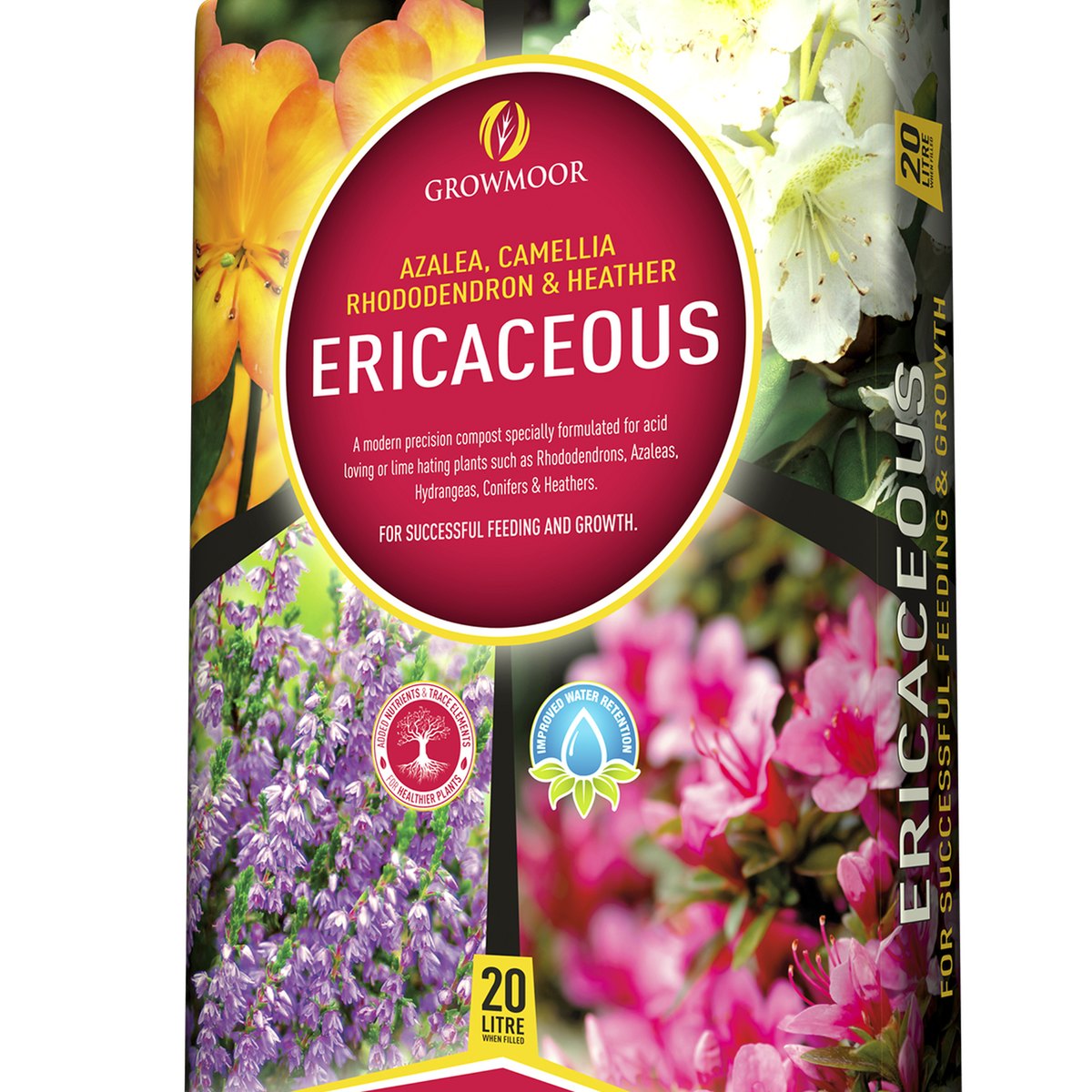 A 20L bag of Ericaceous Compost Soil, ideal for acid-loving plants like azaleas, camellias, rhododendrons, and heathers, supports plant health and promotes successful feeding and growth.