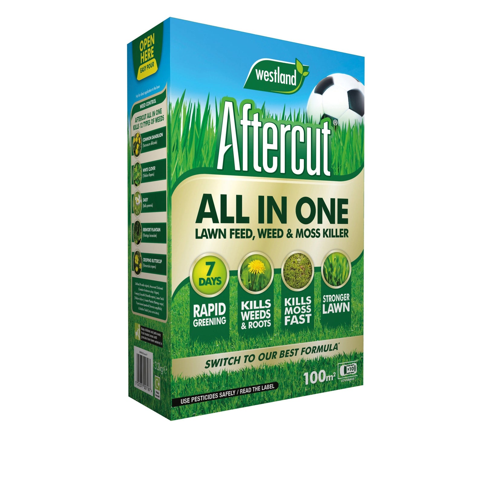 A box of Aftercut Triple Care for Lawns 100m² features green packaging with grass and a soccer ball, highlighting rapid greening, weed and moss removal, and promoting a stronger lawn.