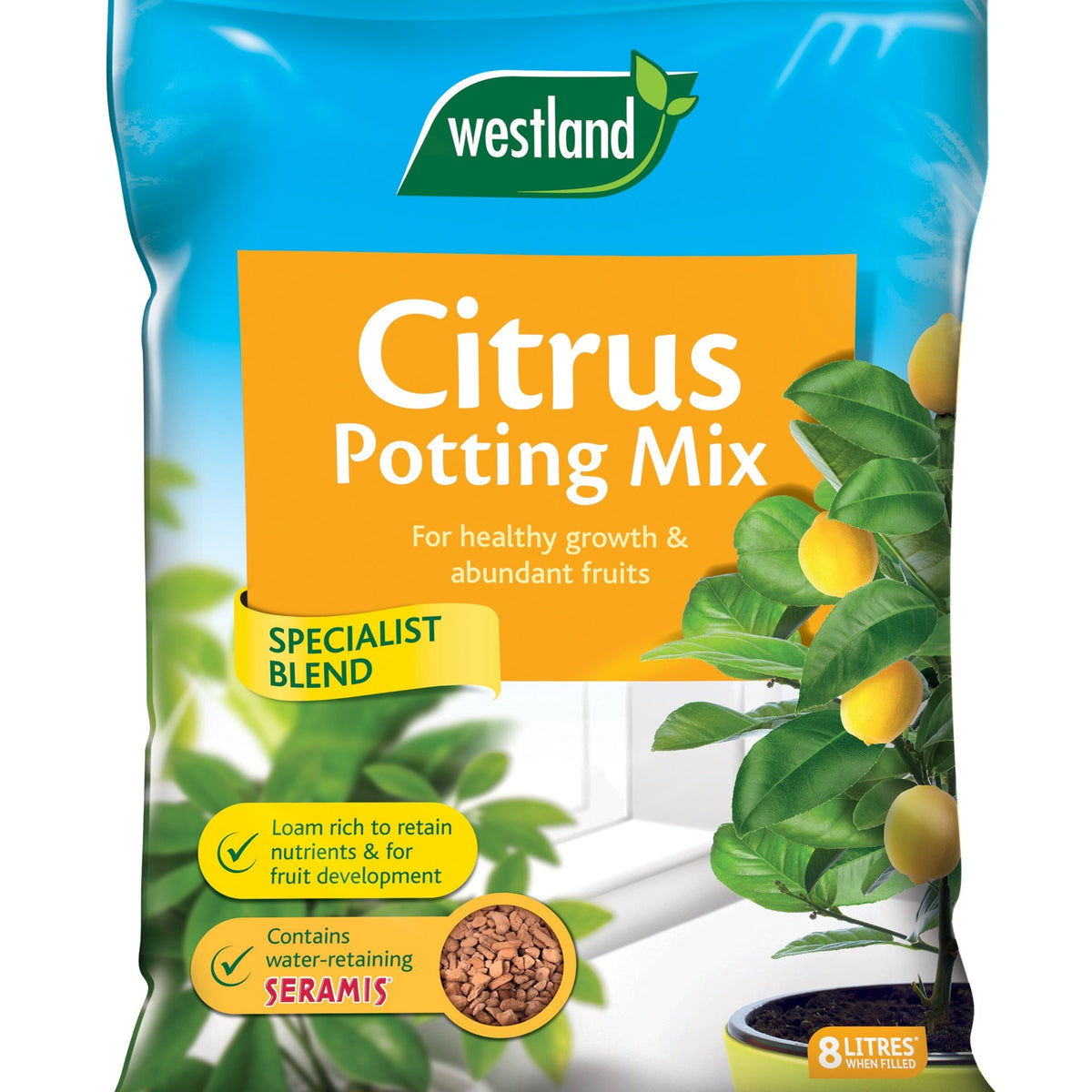 A 4L bag of Citrus Potting Mix featuring lemons on a branch. This specialist blend supports healthy growth, fruit development, and contains water-retaining Seramis for abundant citrus fruits.