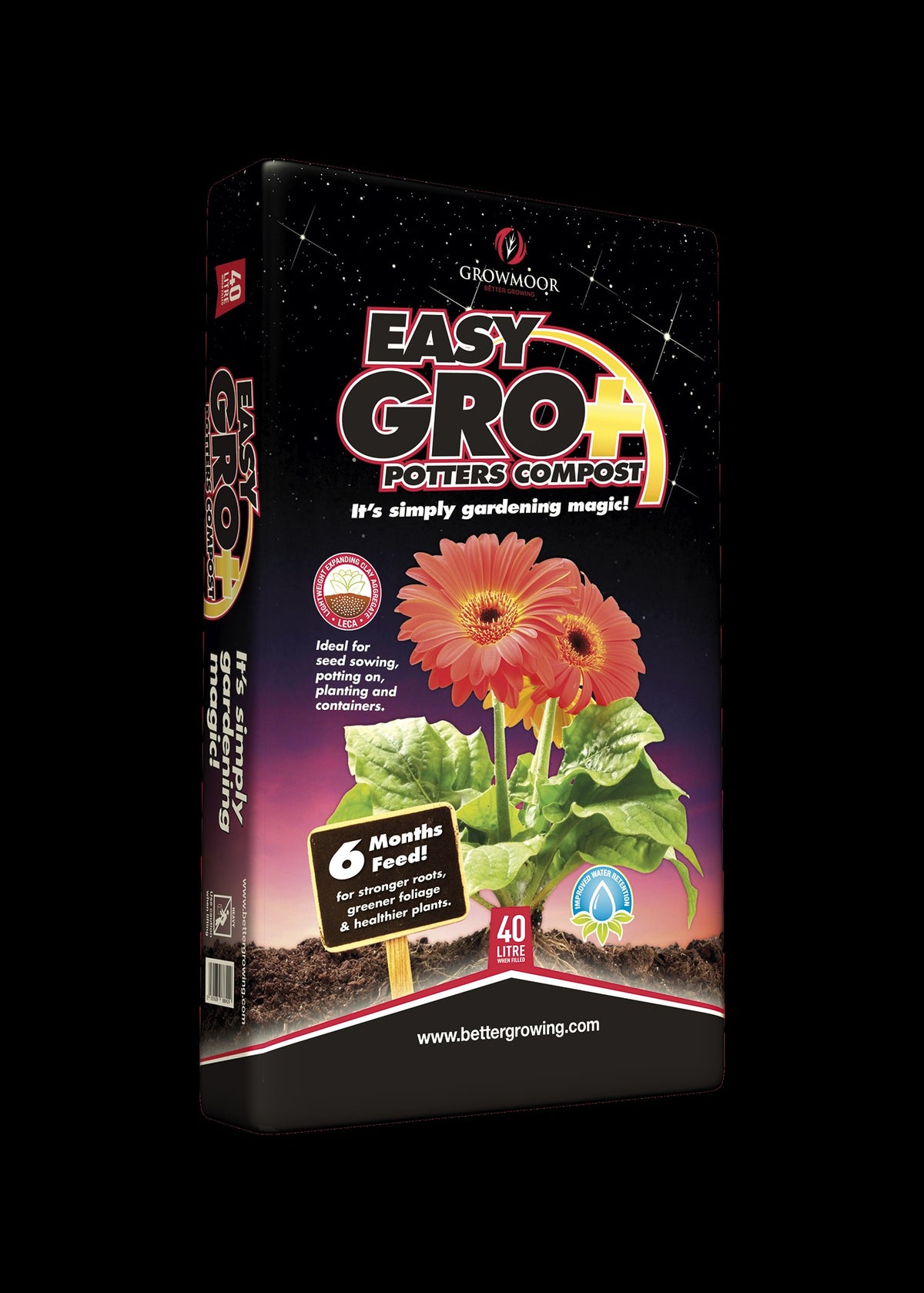 EasyGro+ Potters Compost 40L is a peat-based mix ideal for potted plants, with 4 months slow-release feed. Features orange flower graphics and the slogan: it’s simply gardening magic! Multibuy offers available.