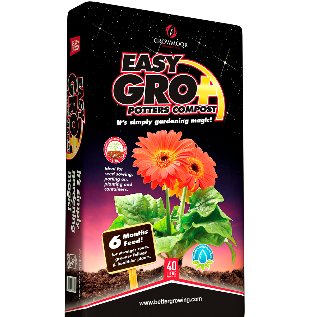 A bag of Easy Gro Potters Compost 40L, displayed on a white background, features bright orange flowers, highlights “6 Months Feed,” and includes a label for seed sowing, potting, and planting.