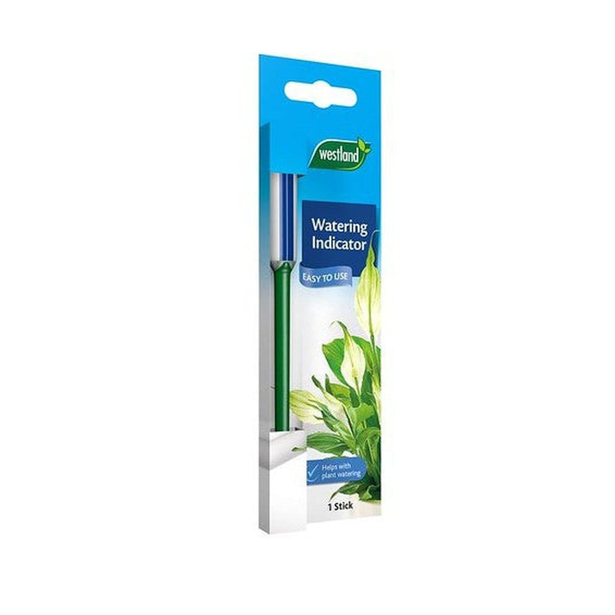 A Houseplant Water Indicator in its packaging, featuring a green and white stick with images of green plants on the front, labeled &quot;Easy to use&quot; and &quot;Helps with plant watering.