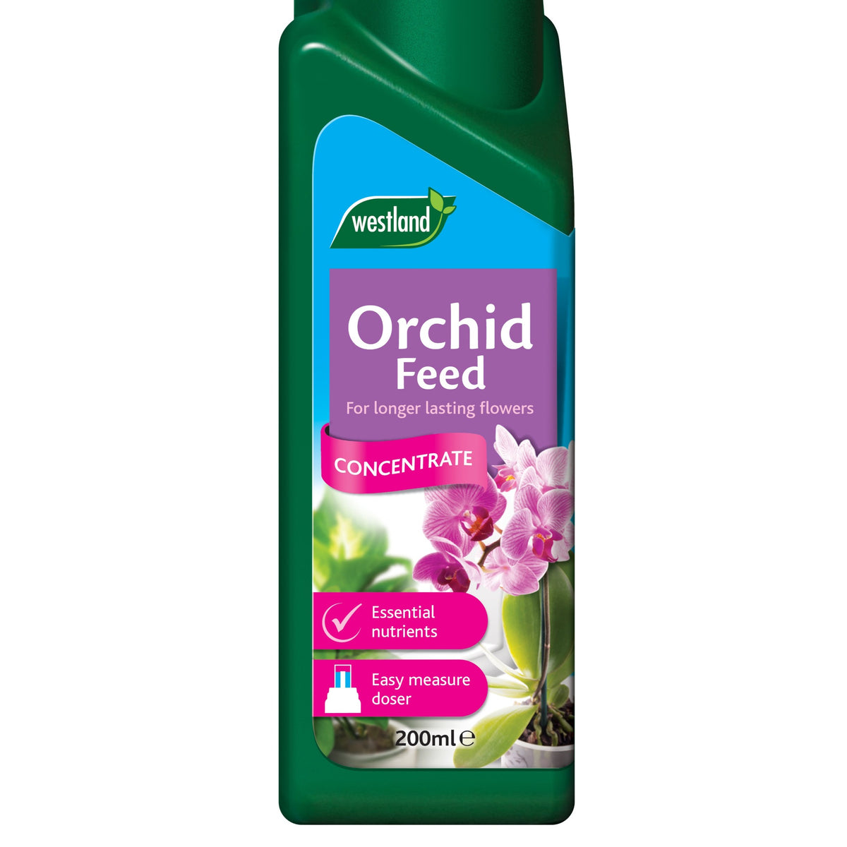 A green 200ml bottle of Orchid Feed Concentrate featuring blooming orchids, nutrient icons, and an easy-measure doser—ideal for supporting orchid flower growth and perfect as your go-to orchid plant food.