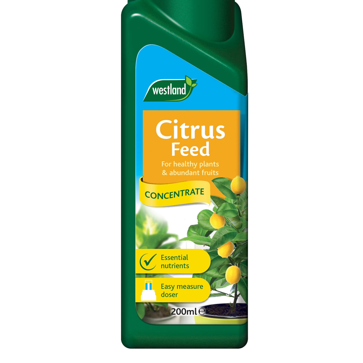 A 200ml bottle of Citrus Feed Concentrate, ideal lemon tree plant food for healthy growth and abundant fruit, featuring citrus images, nutrient icons, and an easy-measure doser.