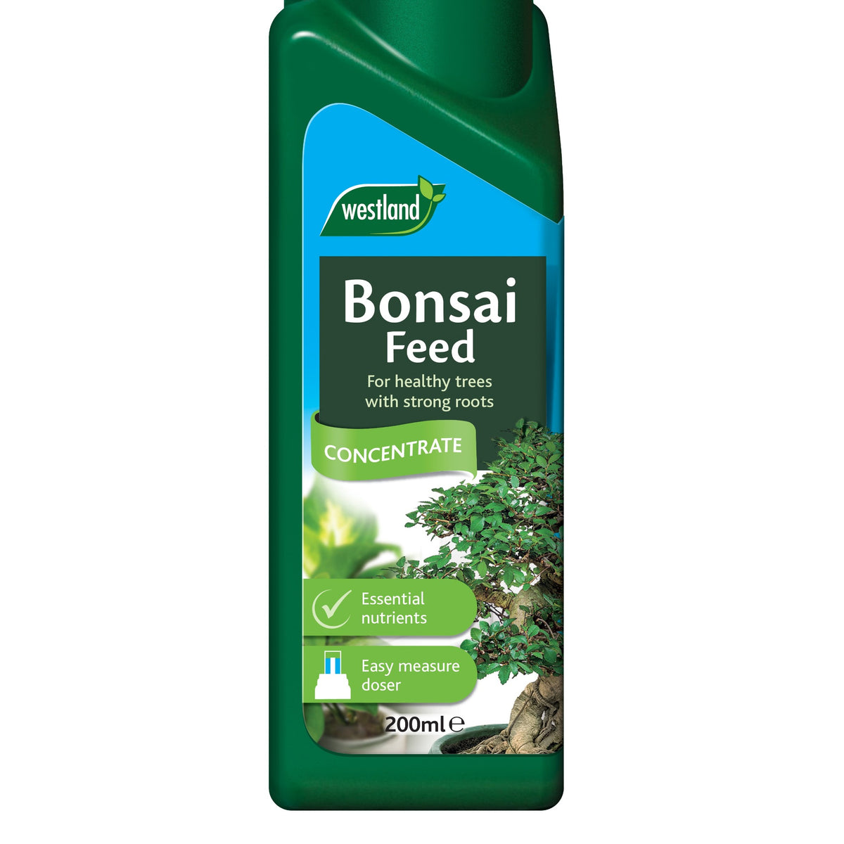 A 200ml bottle of Bonsai Feed Concentrate, labeled for healthy trees with strong roots. The label shows a bonsai tree and nutrient icons—ideal as bonsai fertilizer for thriving, well-nourished plants.