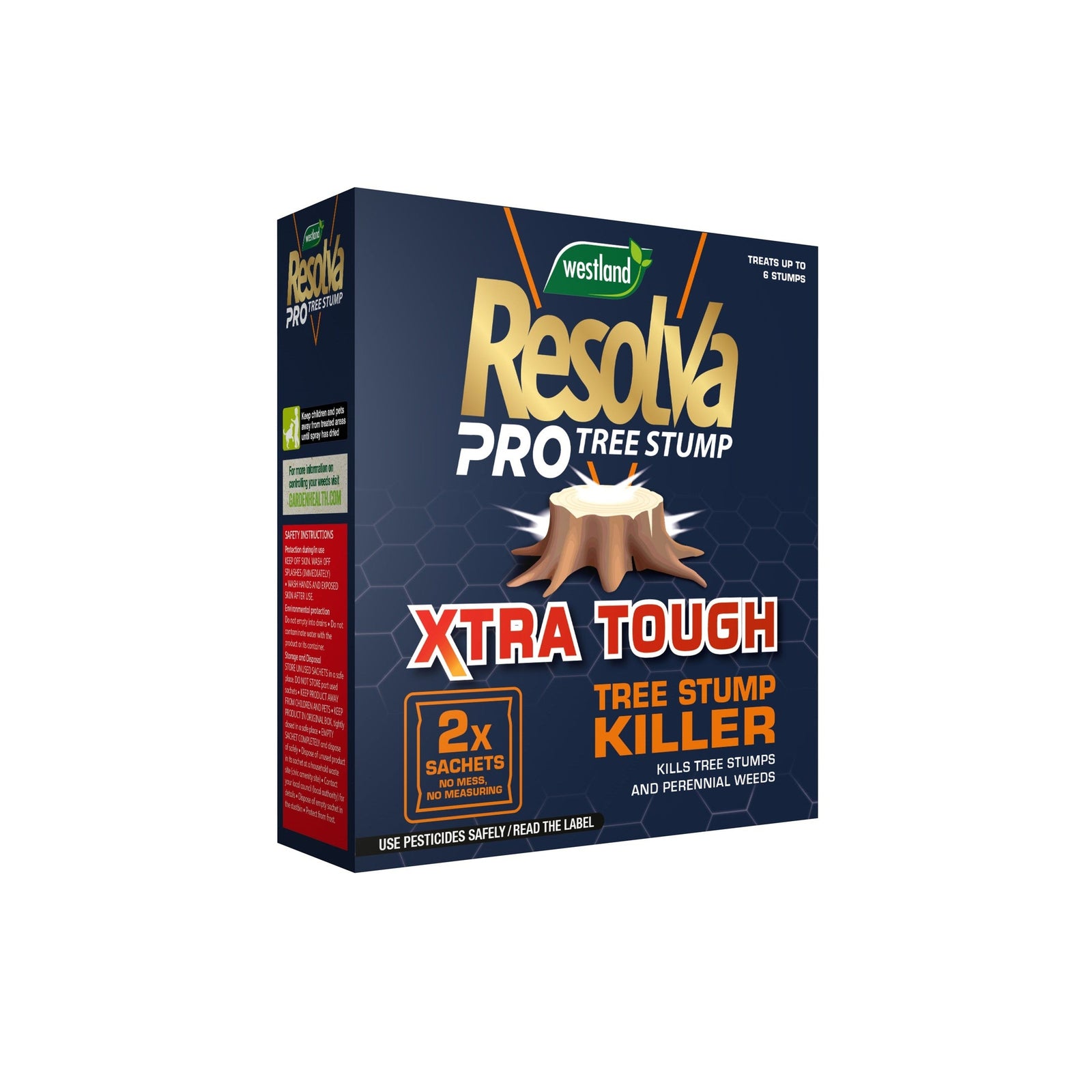 Box of Resolva Pro Tree Stump Sachets Xtra Tough, featuring a tree stump graphic and 2x sachets; this glyphosate herbicide powerfully kills tree stumps and perennial weeds.