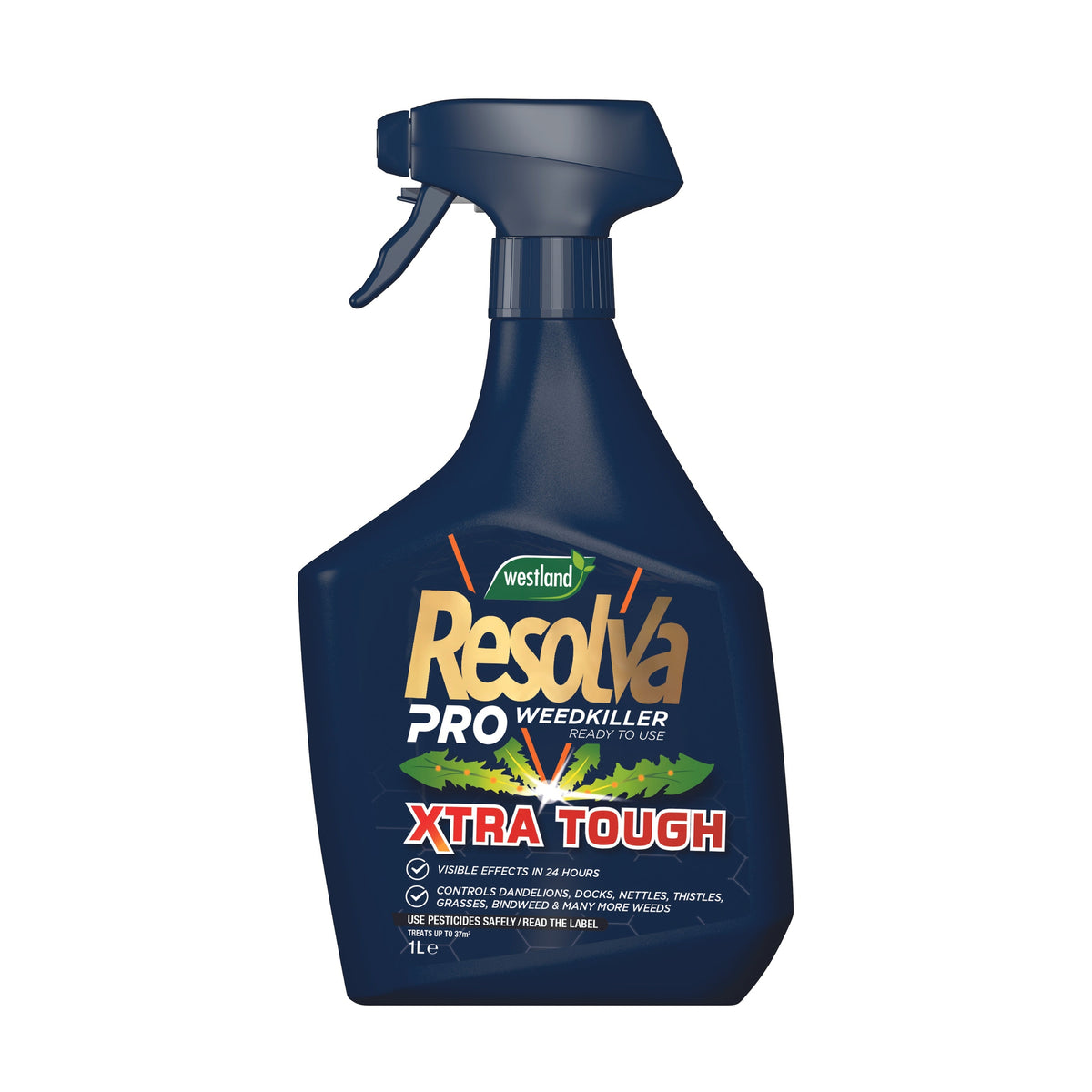 The Resolva Pro Xtra Tough 1L is a blue spray bottle with a white label, ideal for tackling tough weeds thanks to its powerful systemic action.