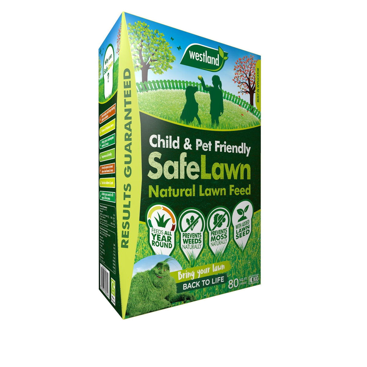 A box of SafeLawn Seed 80m2 Spreader, an organic lawn feed in green and yellow packaging, safe for children and pets, highlights benefits like year-round use, weed prevention, and moss resistance.