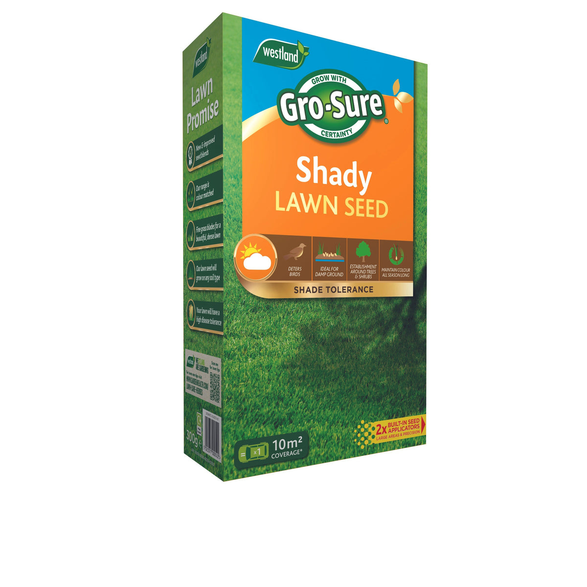 Gro-sure Multi-Purpose Shady Lawn Seed 10m² comes in green and orange packaging featuring icons for shade tolerance, dense lawns, and drought resistance—ideal for shady areas with coverage for up to 10m².
