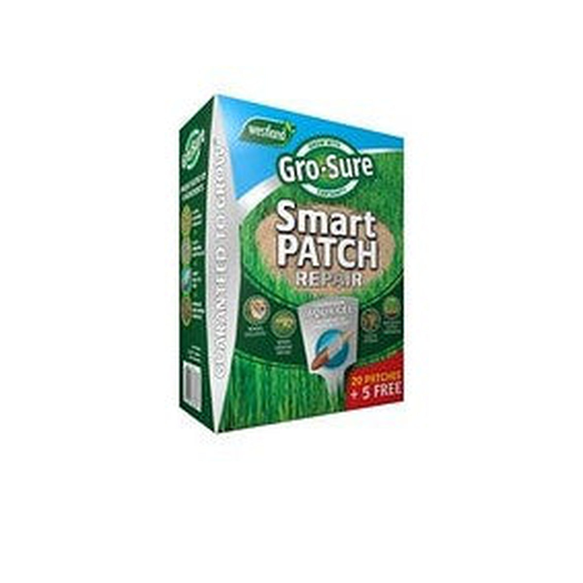 A green box of Gro-sure Smart Patch Repair Lawn Seed (20 Patches), a lawn repair product with grass seed, displays &quot;Guaranteed to Grow&quot; and &quot;20 patches + 5 free&quot; on the packaging.