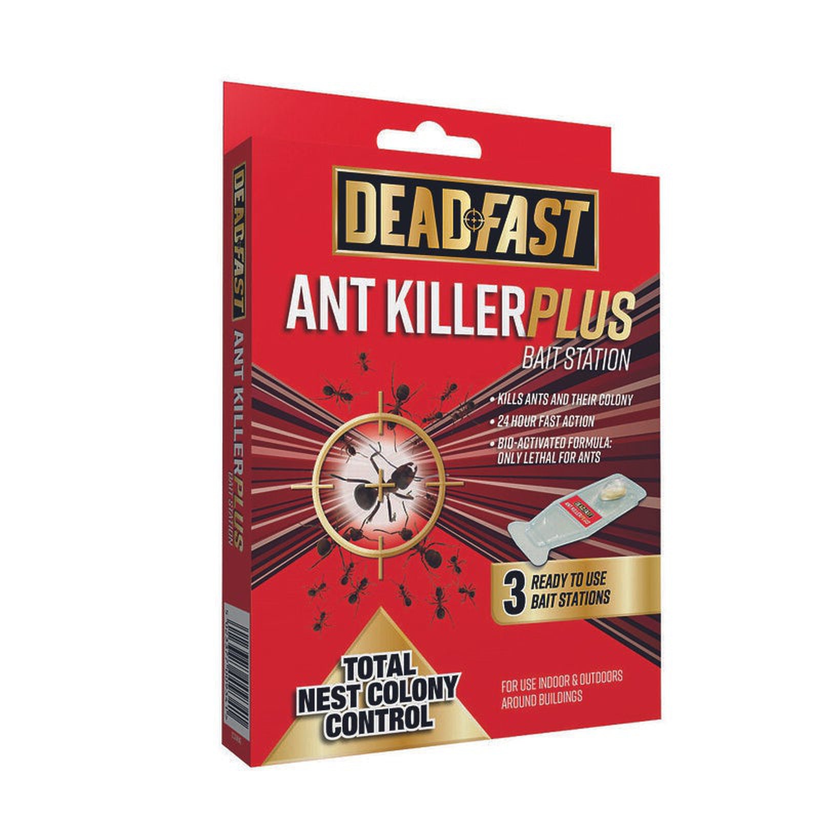 A red box of Ant Killer Bait Station displays ants, a bait station, bold “Total Nest Colony Control” text, and highlights 3 ready-to-use bait stations for indoor or outdoor use.