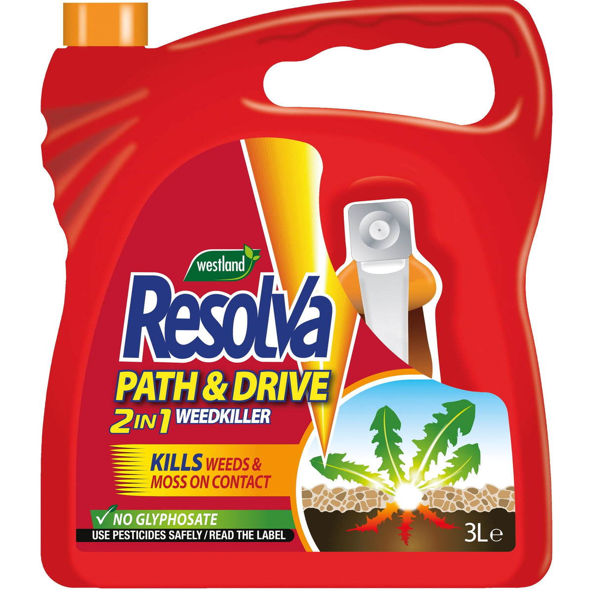 A 3L Resolva Path and Drive Ready to Use weedkiller in red, with a handle, nozzle, and images of weeds. The label states “Kills Weeds &amp; Moss on Contact” and “No Glyphosate.”.