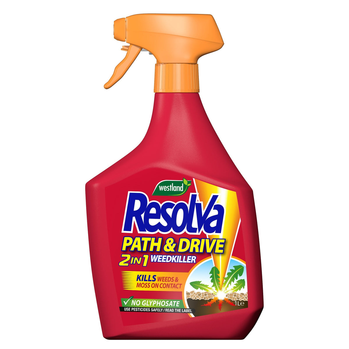 A red and orange spray bottle of Resolva Path and Drive 1L Ready to Use, a glyphosate-free weedkiller that kills weeds and moss on contact.