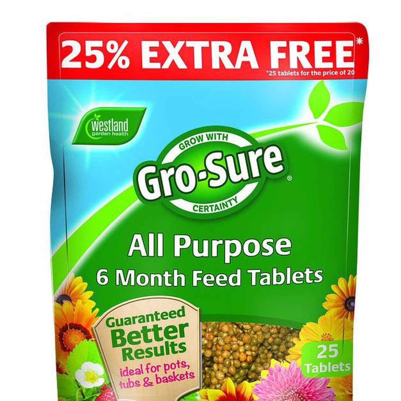 A green pack of Slow Release Tablets labeled “25% extra free” and “Guaranteed Better Results,” containing 25 slow-release plant food tablets for all your garden needs, with vibrant flowers on the packaging.