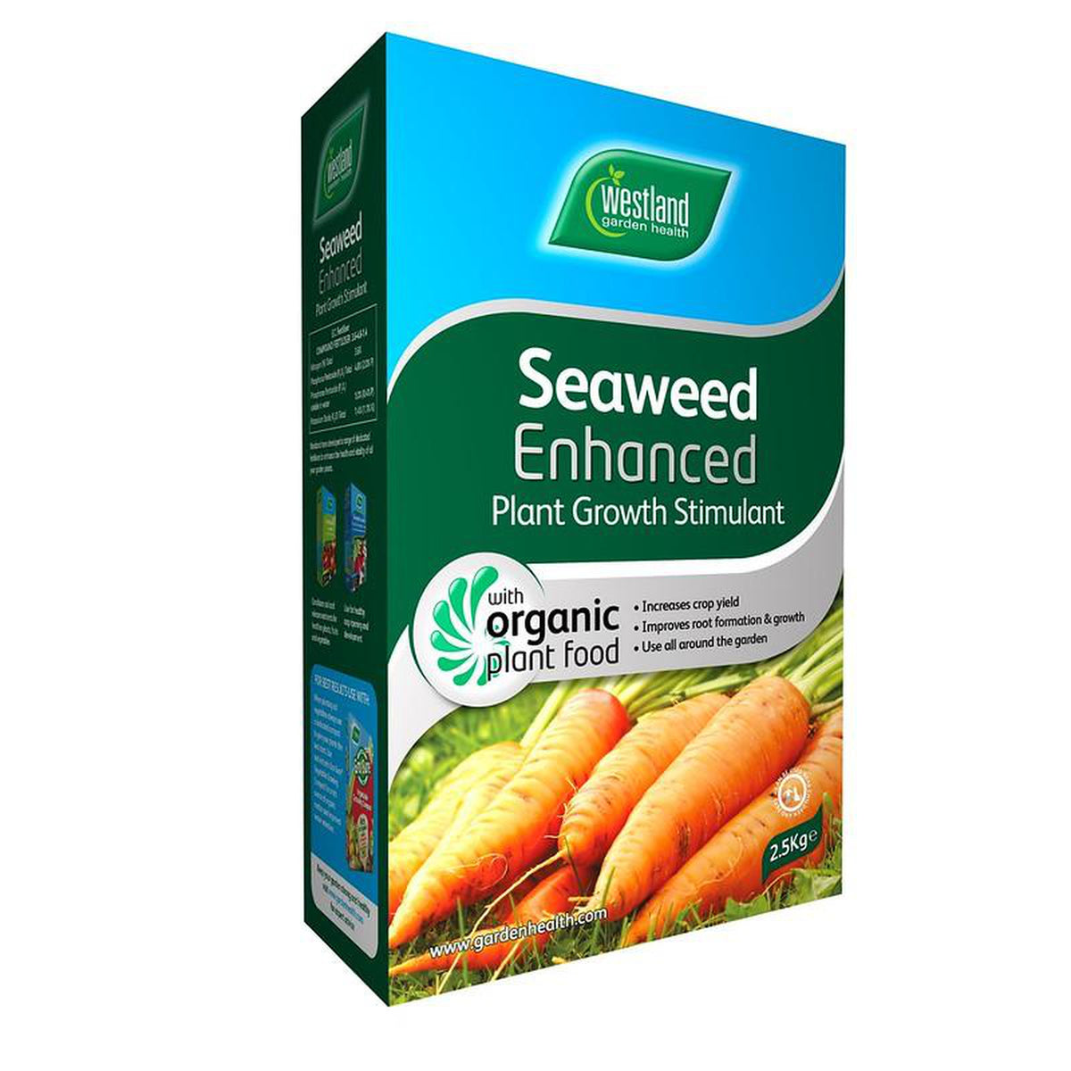Box of Seaweed Enhanced plant stimulant and organic plant food with bright green and orange design, images of fresh carrots, and text highlighting improved crop yield, healthier growth, and enriched soil conditioning.