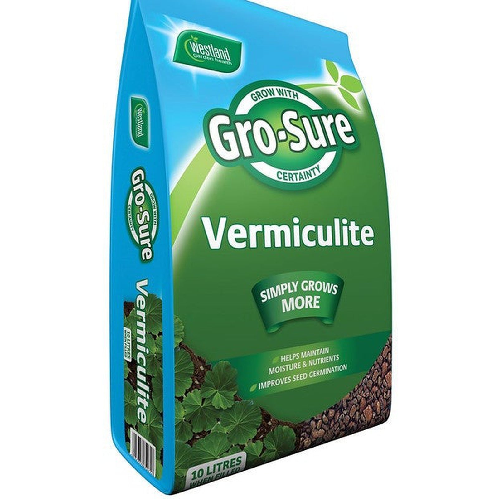 Vermiculite 10L is a blue and green bag of fertilizer enriched with vermiculite to improve moisture retention and promote healthy seed germination.