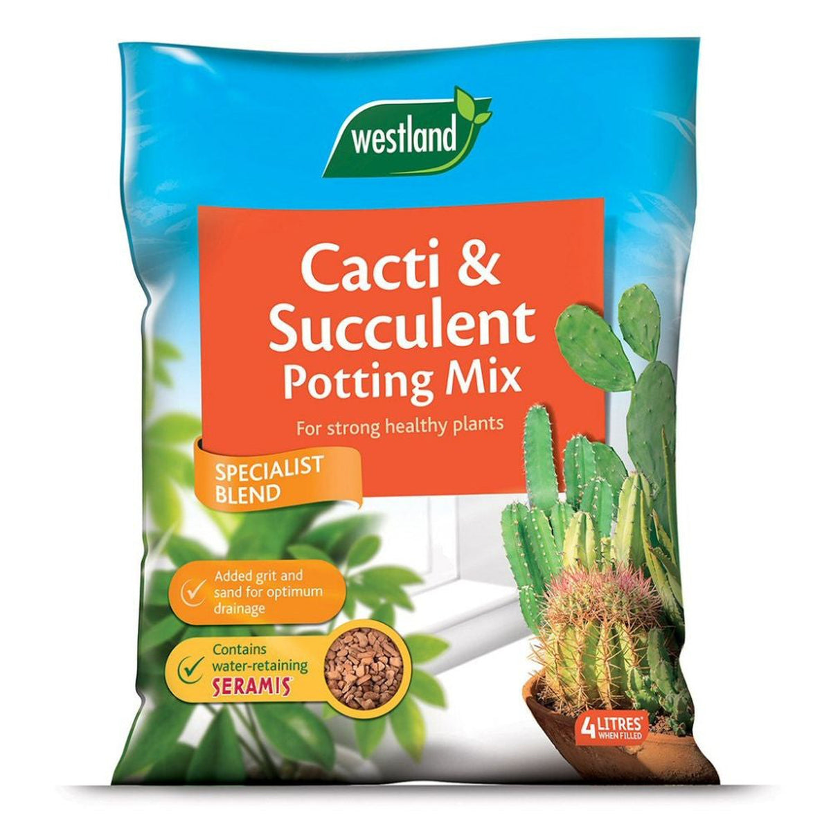 A 4L bag of Cacti &amp; Succulent Potting Mix, featuring cacti images on the packaging, offers excellent drainage with added grit and water-retaining Seramis for healthy plants.