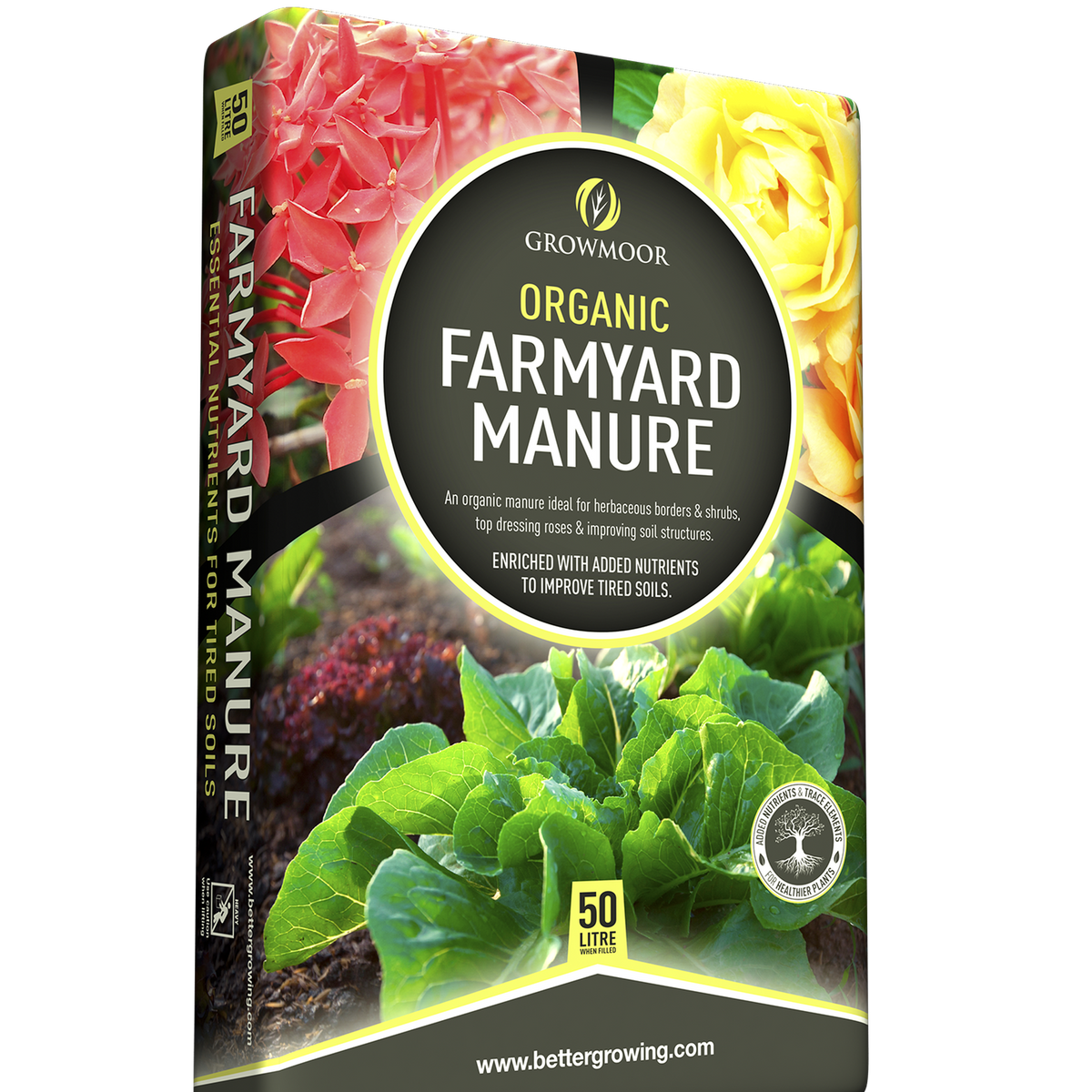 Two 50L bags of Growmoor Organic Farm Yard Manure, ideal for enriching tired soil. Features images of greens and flowers, with a label claiming essential nutrients. Visit www.bettergrowing.com for more info.