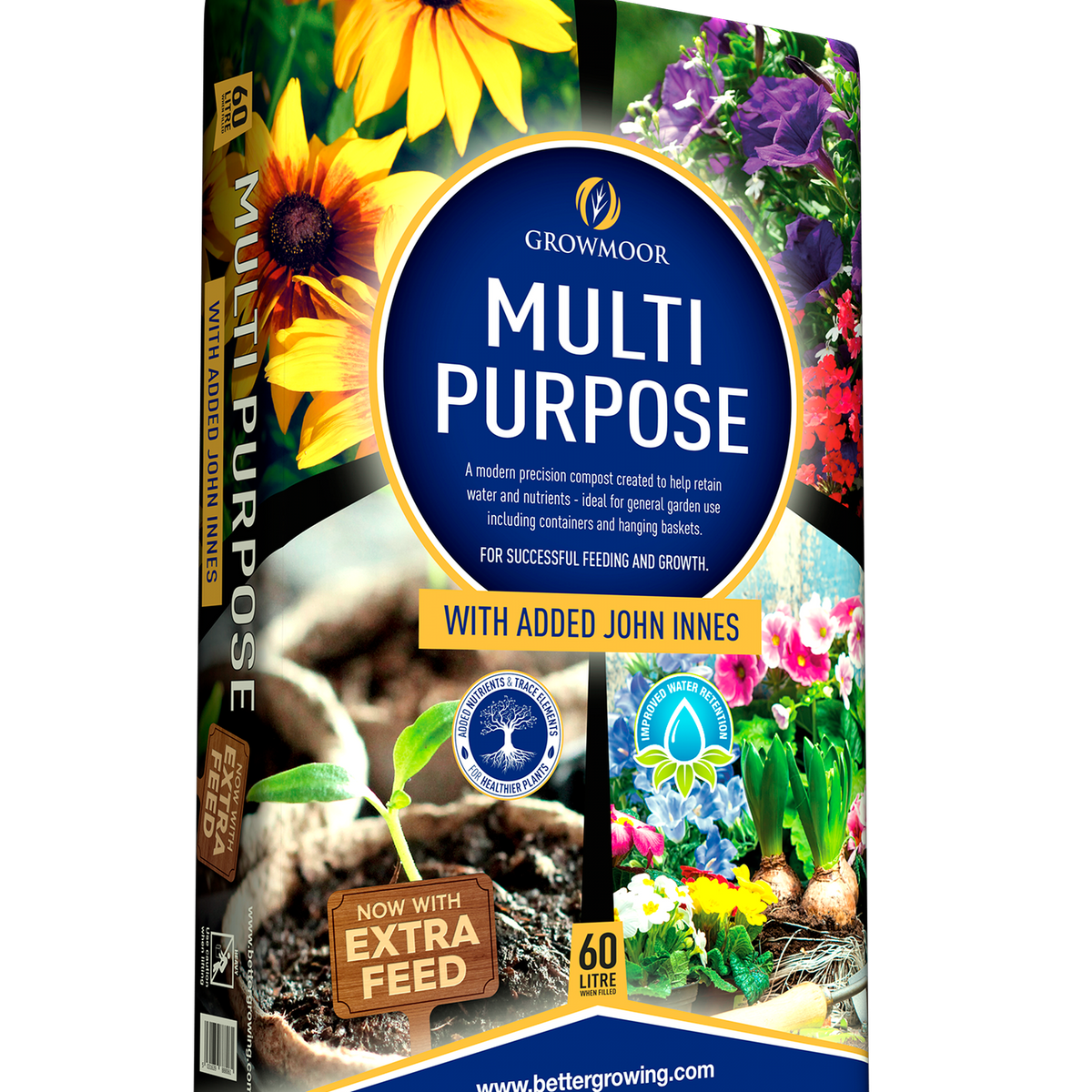 1 x 60L Multi Purpose Compost with added John Innes features vibrant plants on its packaging, highlighting nutrient-rich benefits such as extra feed and improved water retention.