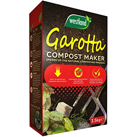 The Garotta Compost Maker 3.5kg helps turn organic waste into rich soil for home composting. Included in the image are gardening gloves, a small fork, a trowel, and decaying leaves on soil, illustrating its composting benefits.