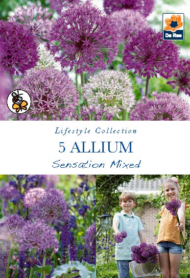 A packet labeled Allium &#39;Sensation Mixed&#39; (5 Bulbs) features purple and white allium flowers, garden photos of a boy and girl with blooms, plus gardening and butterfly icons.