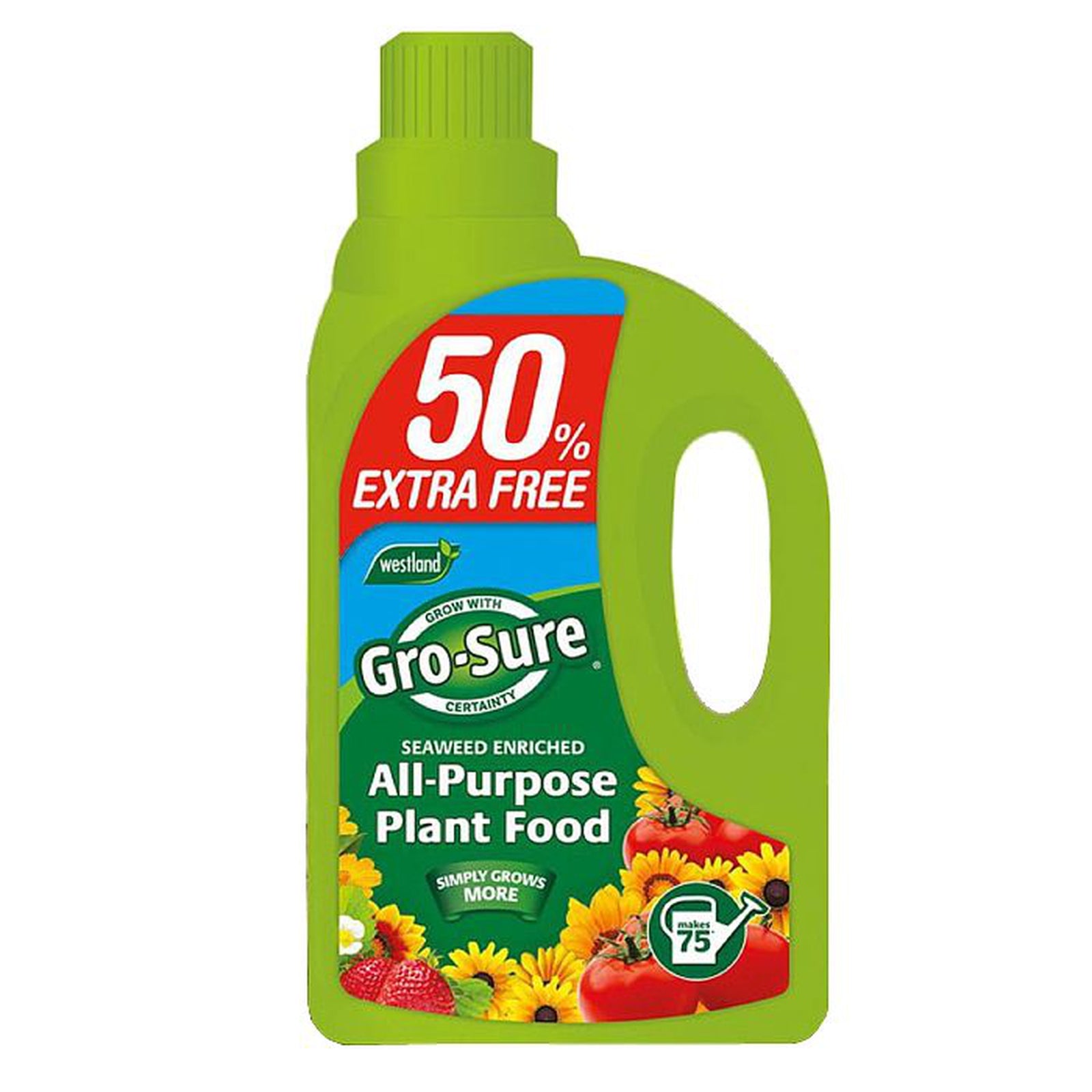 A 1L green plastic bottle of All Purpose Plant Food - Liquid with a red "50% Extra Free" label, images of flowers and vegetables, plus notes "Seaweed Enriched" and "Simply Grows More.