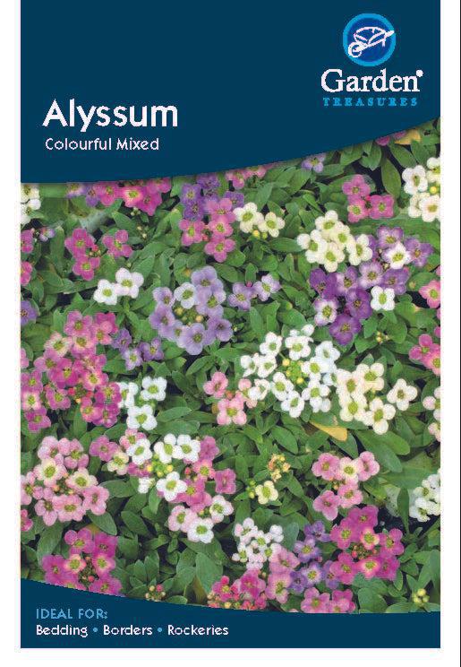 A packet of Alyssum Seeds grows clusters of small, fragrant pink, purple, and white flowers with green leaves. It’s ideal for bedding, borders, and rockeries and contains hardy annual seeds.