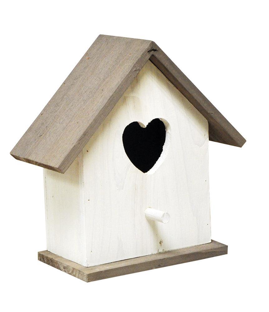 The White Wooden Loveheart Nesting Box features a heart-shaped entrance, small perch, slanted roof, and an unfinished natural wood look, making it a charming nesting spot for garden birds.