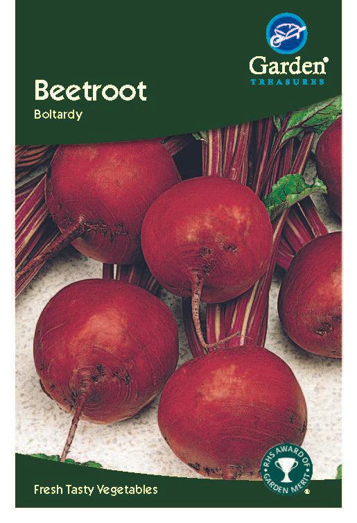 A Beetroot Boltardy Seeds packet displays round red beetroots with leafy stems on a light background. The label highlights bolt-resistant, early beetroot seeds and features “Fresh Tasty Vegetables” at the bottom.
