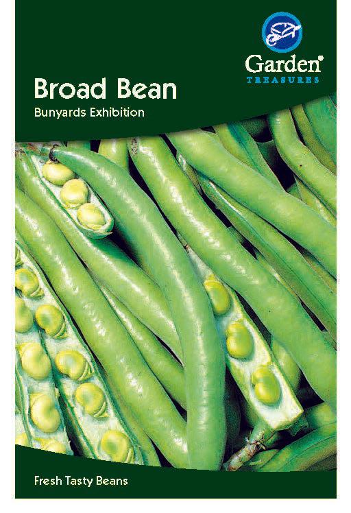 Seed packet for Broad Bean Seeds featuring fresh green pods, some open to show beans inside. Text reads: Broad Bean Seeds, Bunyards Exhibition, Fresh Tasty Beans—renowned for heavy crops.
