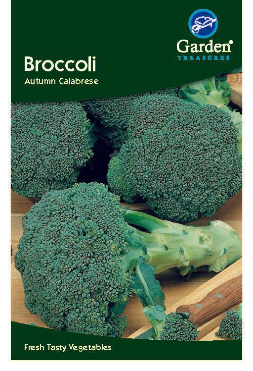 The Broccoli Autumn Calabrese seed packet features fresh, large green heads on a wooden surface and displays &quot;Fresh Tasty Vegetables&quot; at the bottom—ideal for a mild-flavoured, quick-growing harvest.