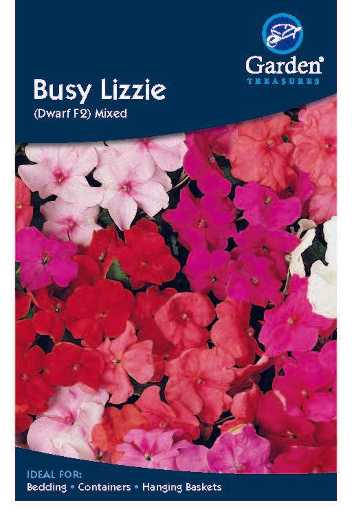 A seed packet labeled Bussy Lizzie (Dwarf F2) Mixed features a close-up of vivid pink, red, and white impatiens. This half hardy annual is ideal for bedding, containers, and hanging baskets.