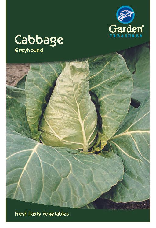 A Cabbage Greyhound seed packet features an image of pointed cabbage in a garden, labeled Fresh Tasty Vegetables. It offers quality seeds, ideal for planting early crops.
