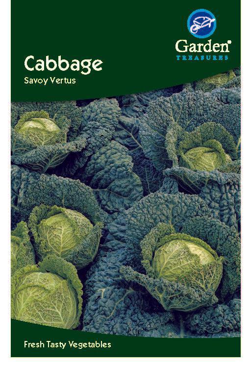 Garden Treasures&#39; Cabbage Savoy Vertus seed packet shows green, crinkled cabbages. Text highlights: “Cabbage Savoy Vertus—Fresh, Tasty Vegetables, perfect as a winter cabbage.”.