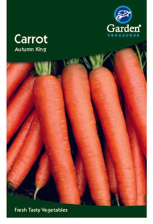 A seed packet labeled Garden Treasures shows large, pointed carrots and is marked Carrot Autumn King Seeds. The text &quot;Fresh Tasty Vegetables&quot; highlights these maincrop carrot seeds.