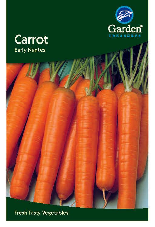 A Carrot Early Nantes seed packet features a photo of fresh, blunt-ended carrots with green tops. The packet highlights their excellent flavour and displays the phrase &quot;Fresh Tasty Vegetables.