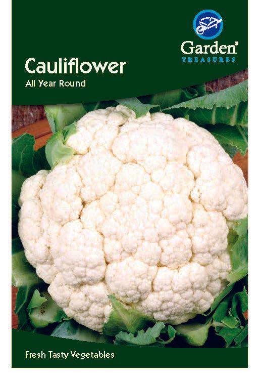 A packet of Cauliflower All Year Round Seeds with a close-up of large white heads and green leaves. The label highlights fresh, tasty vegetables grown for excellent flavour.
