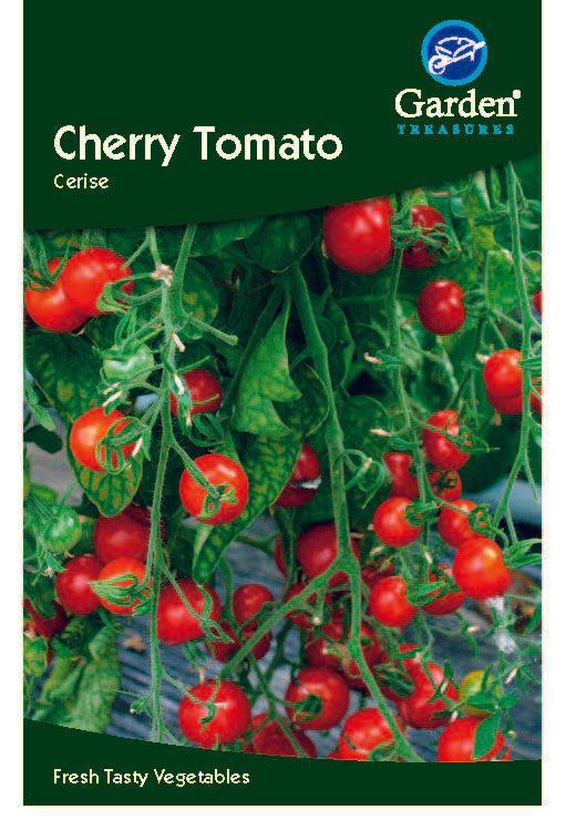 The Cherry Tomato Seeds (Cerise) packet displays clusters of sweet red cherry tomatoes on green vines. The Garden Treasures logo is at the top right, with "Fresh Tasty Vegetables" written at the bottom.