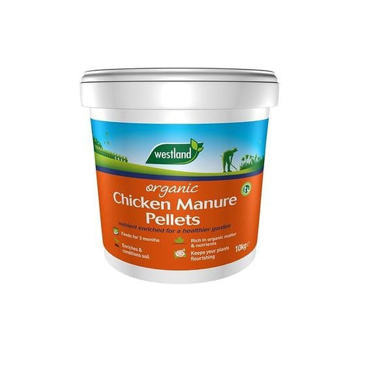 A white 10 kg tub of Organic Chicken Manure Pellets, a trusted garden fertiliser, displays garden-themed graphics and highlights its benefits for plant growth and soil enrichment.