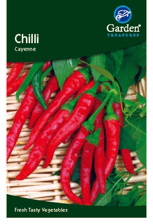 A Chilli Cayenne Seeds packet from Garden Treasures shows fresh red chillies with green stems in a wicker basket, labeled "Fresh Tasty Vegetables" and highlights that these plants are easy to grow.
