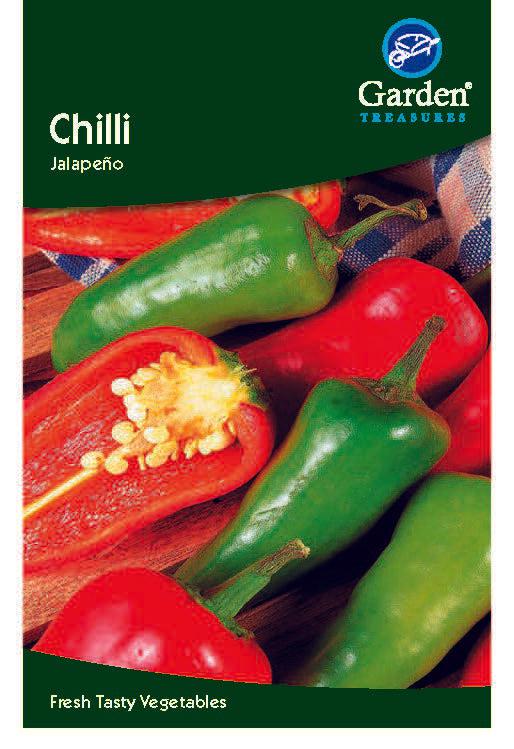 A Chilli Jalapeno Seeds packet shows red and green jalapeños, some whole and one sliced to reveal seeds, against a striped cloth background. Branded Garden Treasures, it highlights easy-to-grow chilli for home gardeners.
