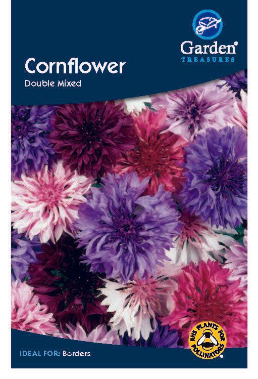 A Cornflower Double Mixed Seeds packet displays a close-up of vibrant, hardy annual cornflowers in purple, pink, red, and white, with a Garden Treasures logo and a symbol showing these easy-to-grow plants attract pollinators.